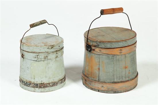 Appraisal: TWO PAINTED SUGAR BUCKETS American th century wood Lidded staved