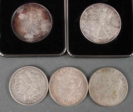 Appraisal: Three United States Morgan type silver dollars and two ''American