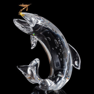 Appraisal: A Steuben Trout and Fly Glass Sculpture with -karat gold