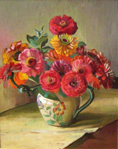 Appraisal: Adelaide Elizabeth Perry - Zinnia's in a Patterned Jug oil