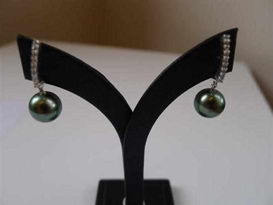 Appraisal: A PAIR OF TAHITIAN PEARL AND DIAMOND EARRINGS IN CT