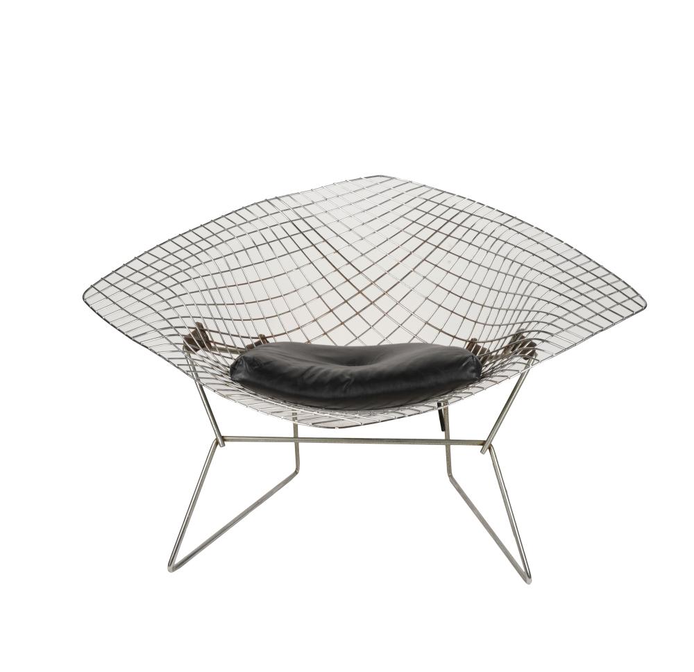 Appraisal: HARRY BERTOIA DIAMOND CHAIRunsigned chromed metal with associated leather cushion