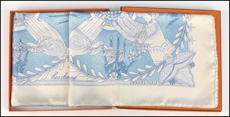 Appraisal: HERMES SILK SCARF Les chants du Henne Toutoy With Hermes