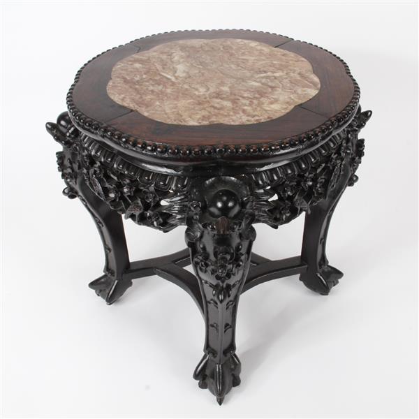 Appraisal: Chinese marble top profusely carved stand with paw feet figural