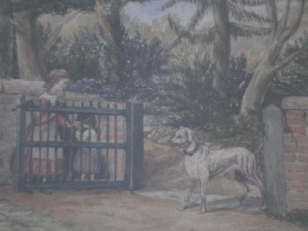 Appraisal: Victorian School Mother child and dog by a gate watercolour