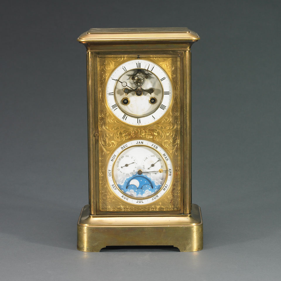 Appraisal: French Brass Cased Mantel Clock with Calendar and Moonphase probably