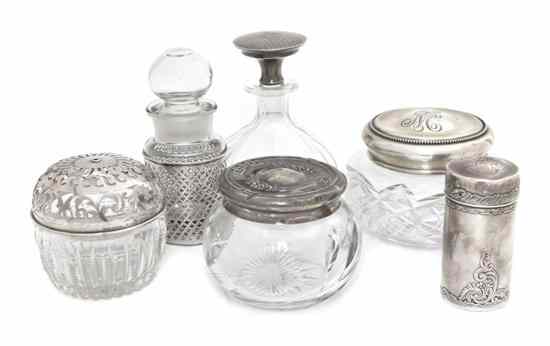 Appraisal: Five American Sterling Silver and Glass Dresser Articles comprising a