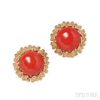 Appraisal: kt Coral Earclips each centering a circular coral cabochon dwt