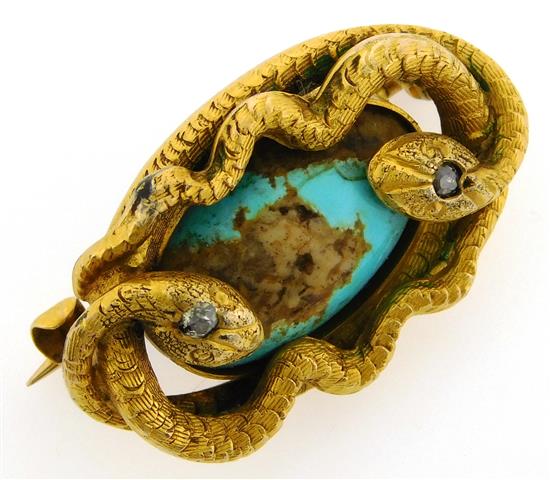 Appraisal: JEWELRY Antique snake turquoise and diamond pin Victorian tested K