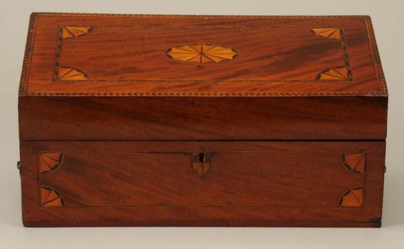 Appraisal: English Inlaid Mahogany Veneered Lap Desk Description Circa The top