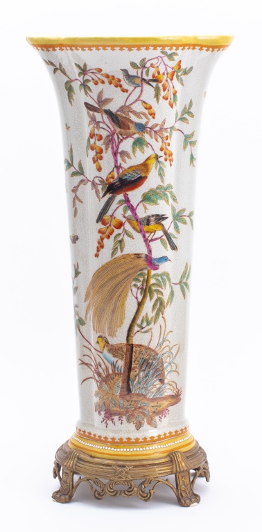 Appraisal: CHINESE HAND-PAINTED PORCELAIN VASE ON GILT BRONZE Chinese ceramic porcelain