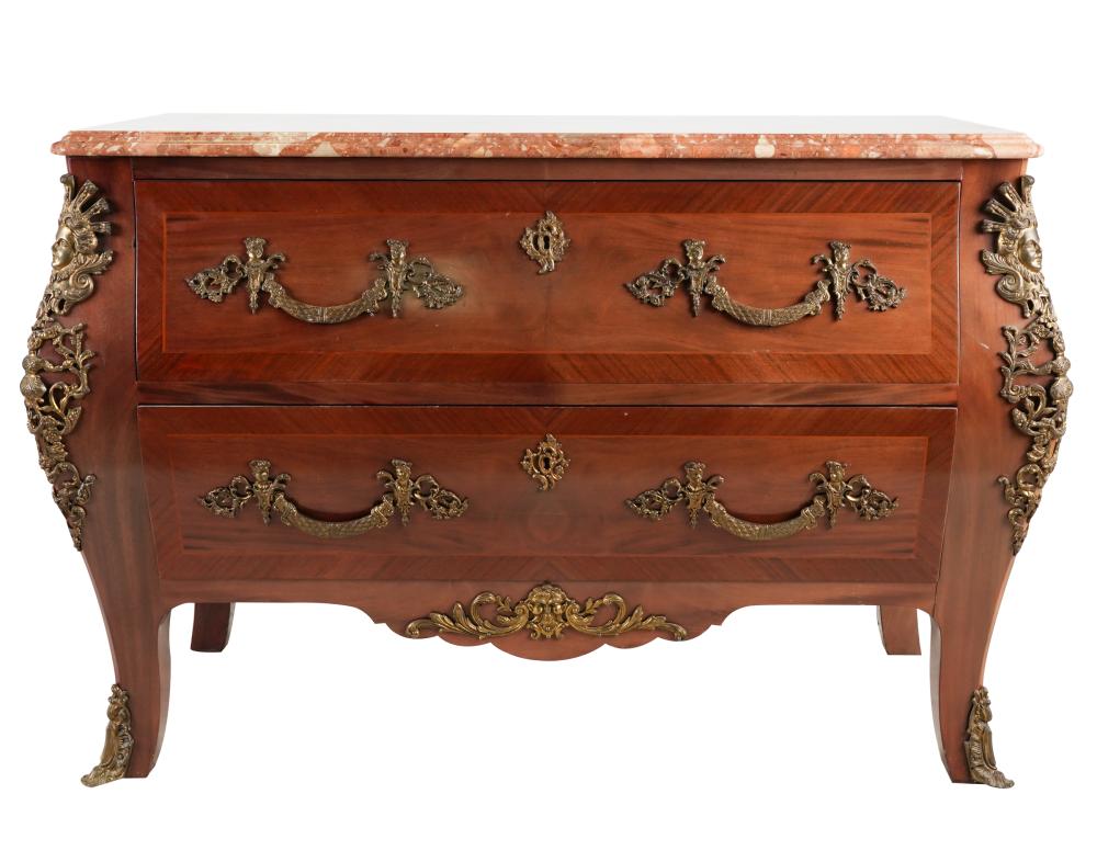 Appraisal: LOUIS XV-STYLE STYLE MAHOGANY MARBLE-TOP COMMODElabel verso Handcrafted by Trouvailles