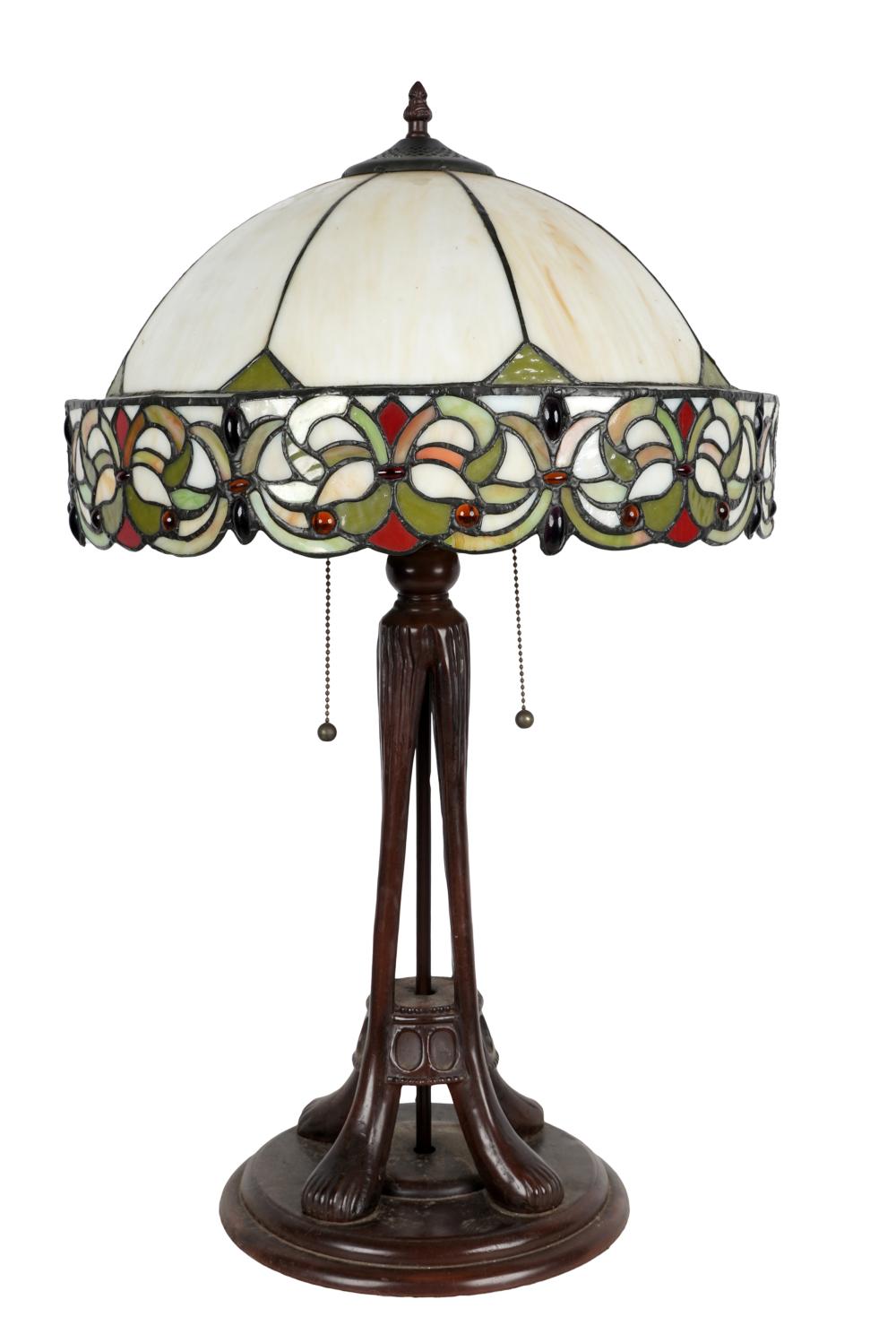 Appraisal: TIFFANY-STYLE LEADED GLASS PATINATED METAL TABLE LAMP st century unsigned