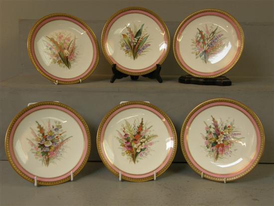 Appraisal: Set of six Royal Worcester plates with pink borders painted