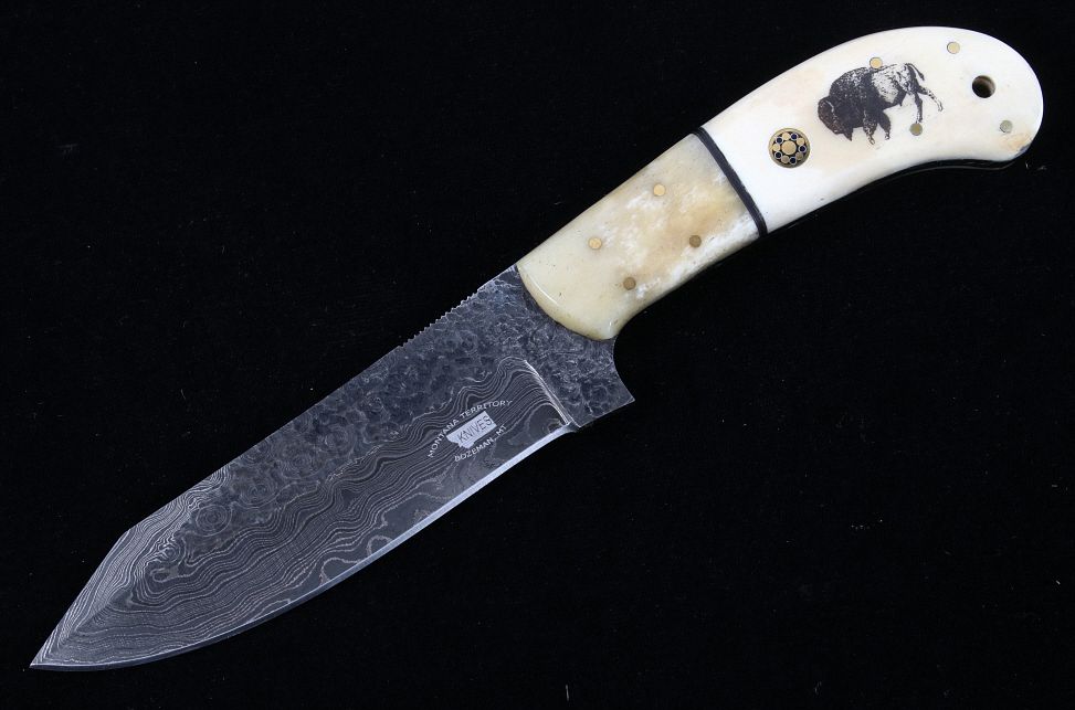 Appraisal: Yellowstone Buffalo Scrimshaw Damascus M T Knives This is an