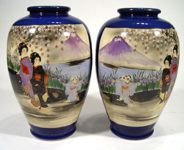 Appraisal: Pair of Satsuma pottery vases hand painted with Geisha girls