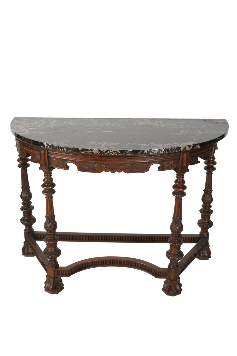 Appraisal: MARBLE-TOP CARVED WOOD DEMILUNE CONSOLE th century the top removable