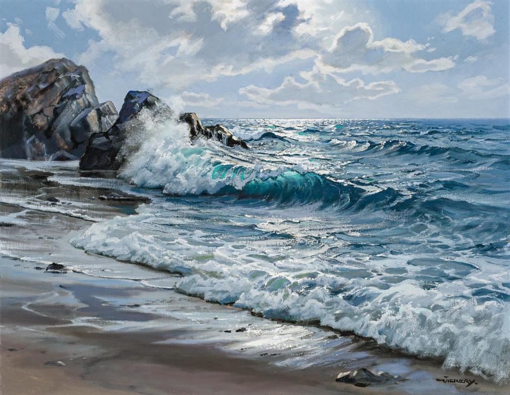 Appraisal: CHARLES VICKERY American - Moonlight Surf oil on canvasboard signed