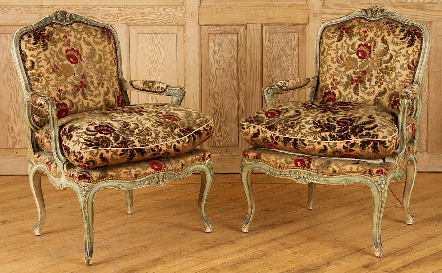 Appraisal: PAIR JANSEN UPHOLSTERED ARM CHAIRS LOUIS XV STYLE A pair