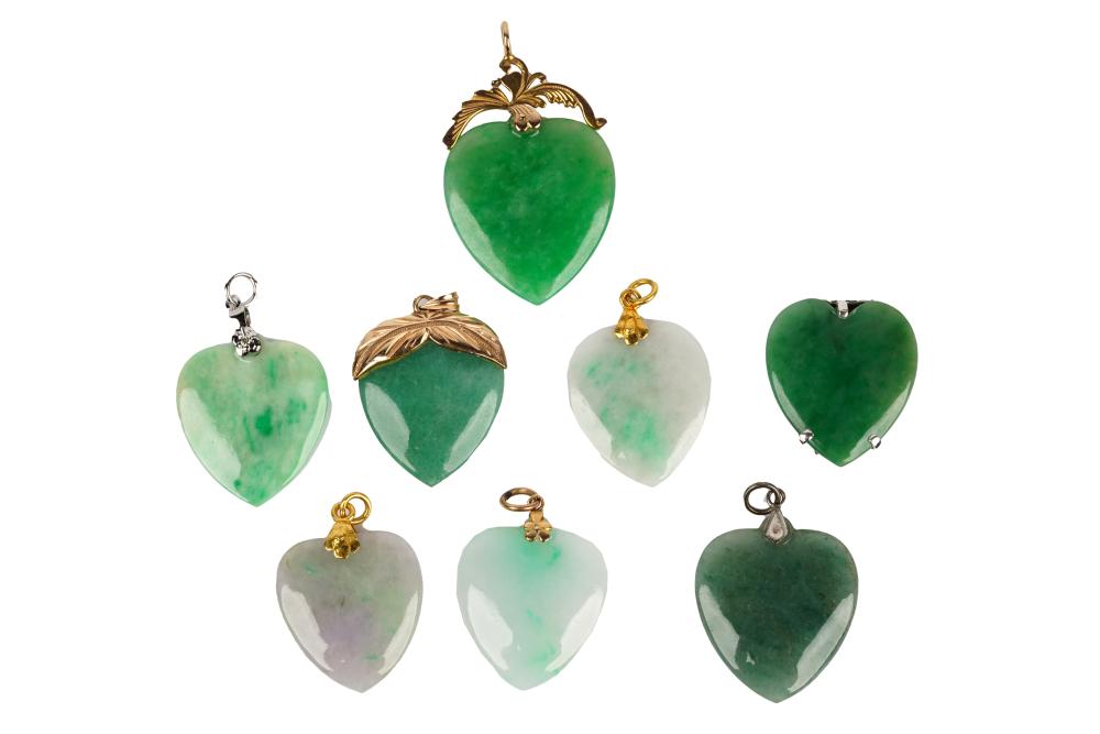 Appraisal: GROUP OF EIGHT JADE HEARTScomprising seven pendants and one brooch