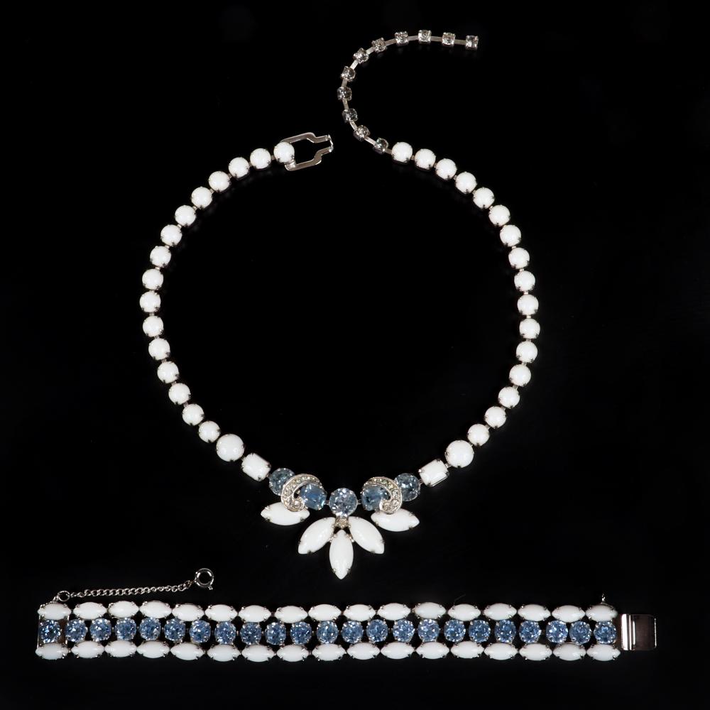 Appraisal: EISENBERG ICE DEMI-PARURE MILK GLASS PAVE AND PALE BLUE FACETED