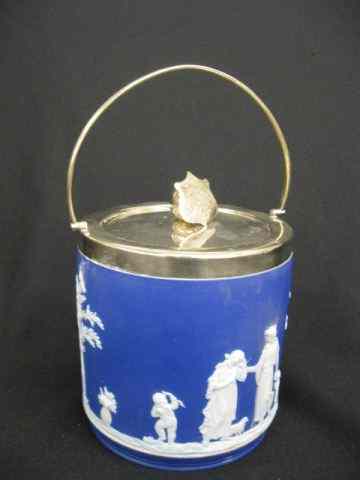 Appraisal: Wedgwood Dark Blue Jasperware Biscuit Jar classical scenes with maiden