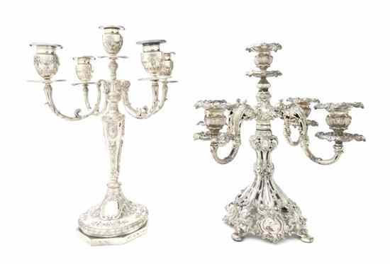 Appraisal: A Pair of Rococo Style Silverplate Five-Light Candelabra together with