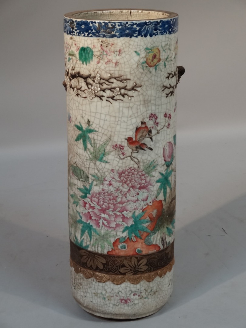 Appraisal: A late thC Chinese pottery umbrella stand polychrome decorated with