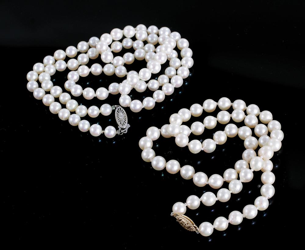 Appraisal: Pearl necklaces mm pearls with K gold clasp L and