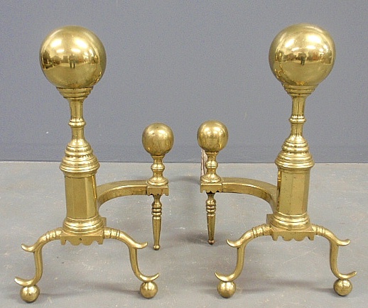 Appraisal: - Large pair of brass ball-top andirons thc with spurred