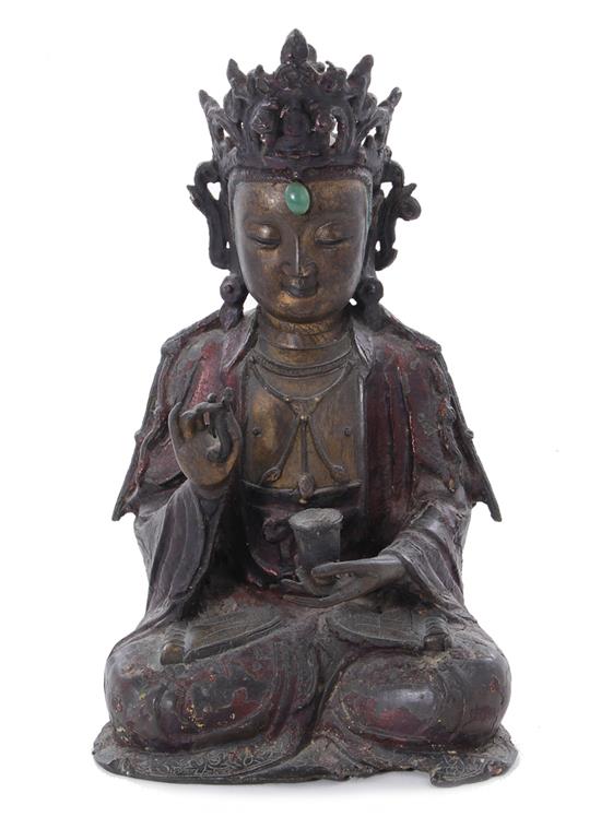 Appraisal: Chinese bronze Guanyin Qing dynasty ornate headdress inset with jade