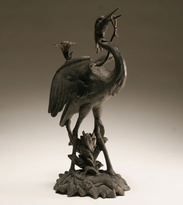 Appraisal: Asian influence Victorian bronze stork lamp candle base mounted on