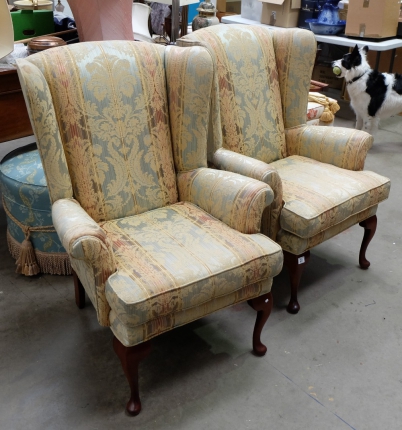 Appraisal: Pair Queen Anne high back armchairs with decorative upholstery