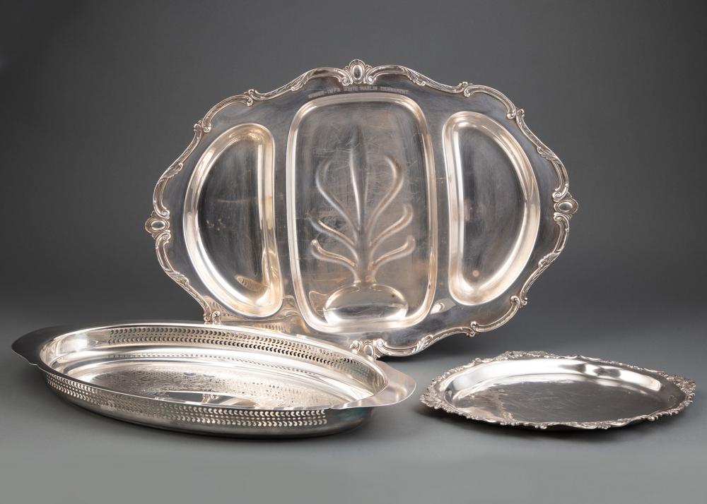 Appraisal: THREE SILVERPLATE TRAYSThree Silverplate Trays various makers shapes and sizes