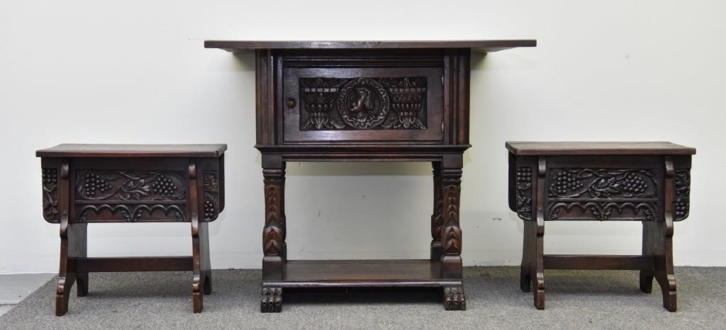 Appraisal: Jacobean style oak carved table with folding leaves and drawer