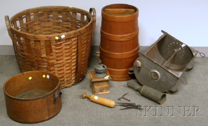 Appraisal: Five Assorted Country Items a large woven splint basket tin