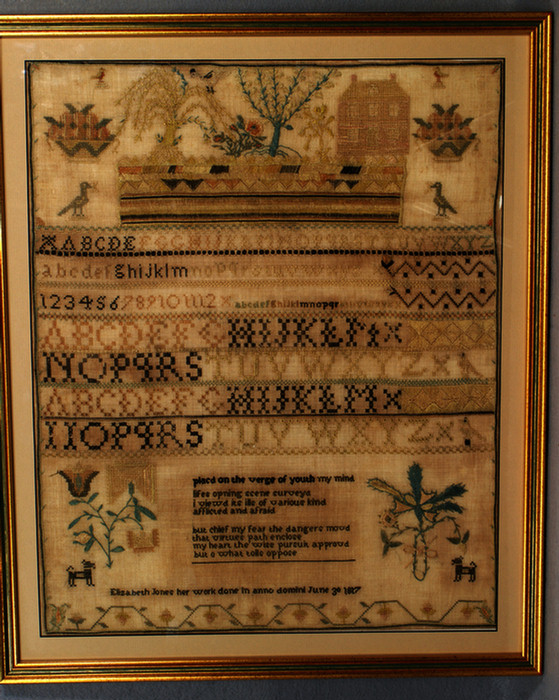 Appraisal: needlework sampler by Elizabeth Jones dated June th x profusely