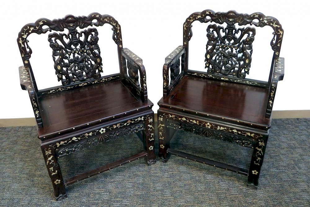 Appraisal: Pair Rosewood Nacre Chairs Pair Rosewood Nacre Chairs Description Two