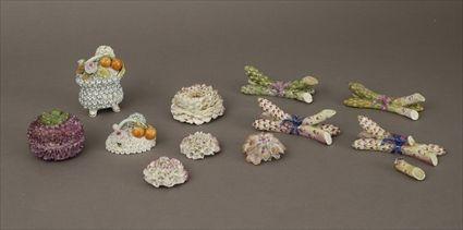 Appraisal: Seven French Polychrome Porcelain Flowers and Flower-Encrusted Covered Boxes Together