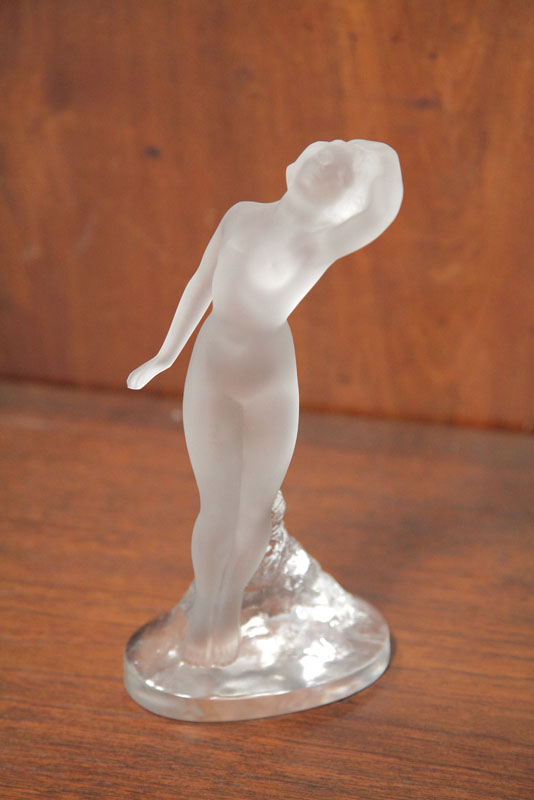 Appraisal: LALIQUE FIGURE Frosted glass nude with one arm behind her