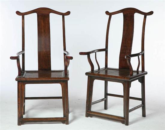 Appraisal: PAIR OF CHINESE ARMCHAIRS China mid th century elmwood Yoke