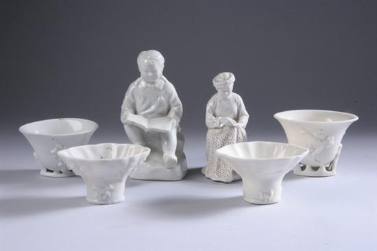 Appraisal: TWO CHINESE BLANC-DE-CHINE PORCELAIN FIGURES AND FOUR CUPS - Largest