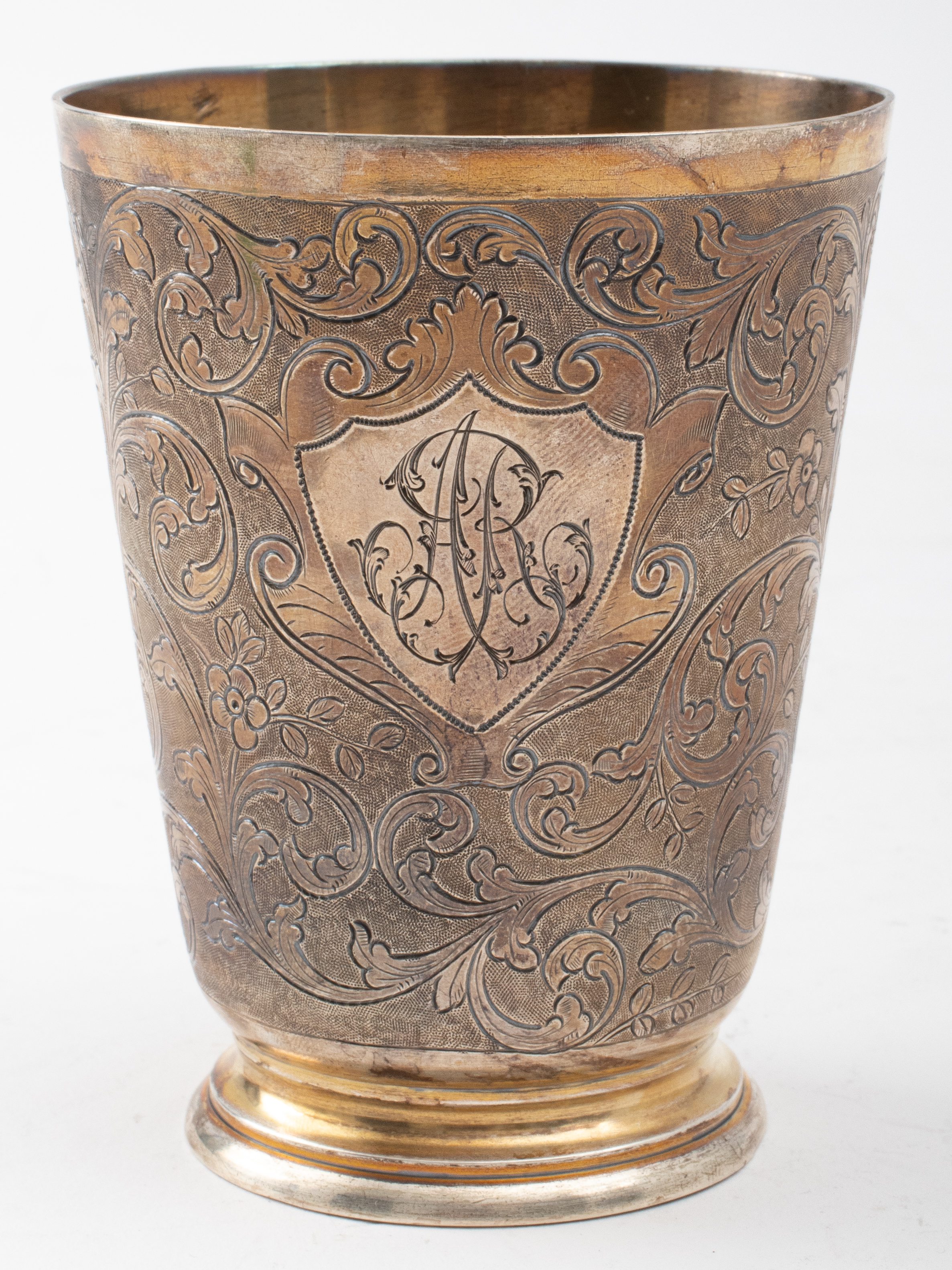 Appraisal: FRENCH GILT SILVER ENGRAVED BEAKER A French gilt silver footed