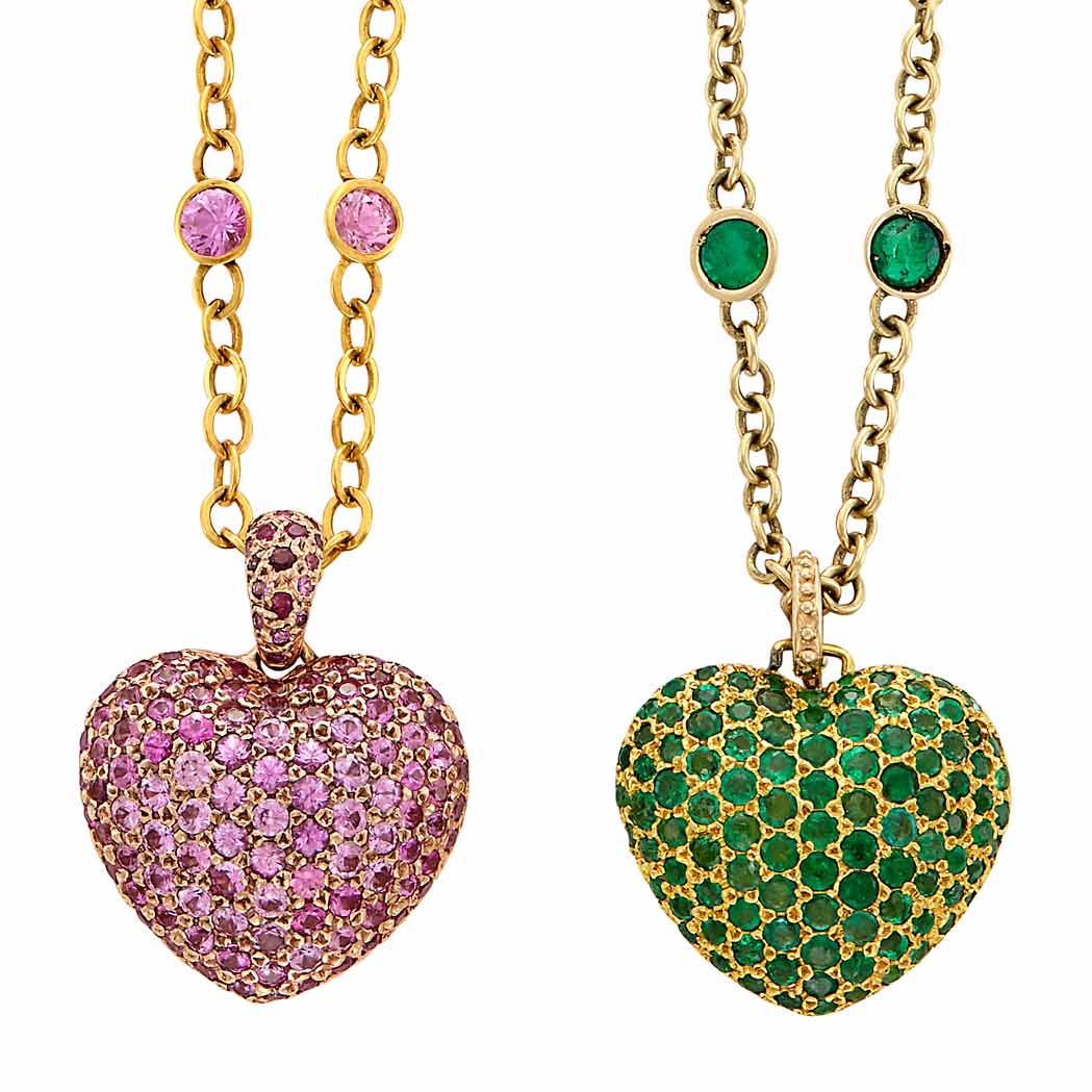 Appraisal: Two Gold and Colored Stone Pendant-Necklaces kt round emeralds ap