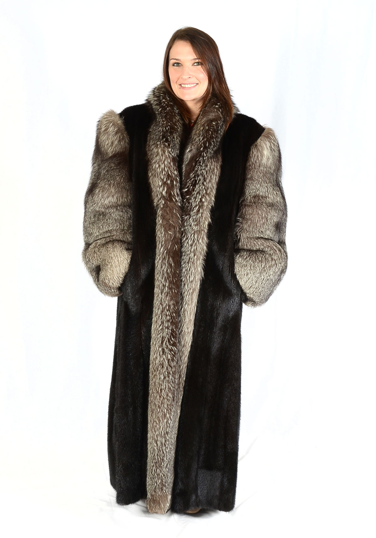 Appraisal: BLACK MINK COAT WITH GREY FOX TUXEDO COLLAR SLEEVES Gorgeous