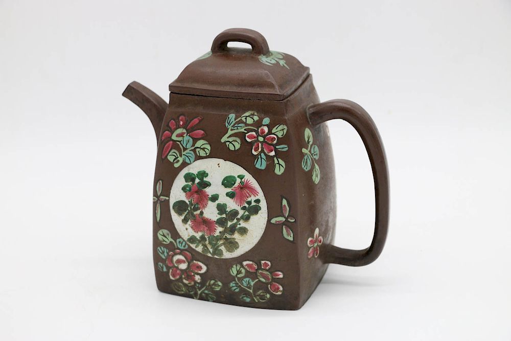 Appraisal: YIXING ENAMEL TEAPOT of tapering square form decorated with enamel