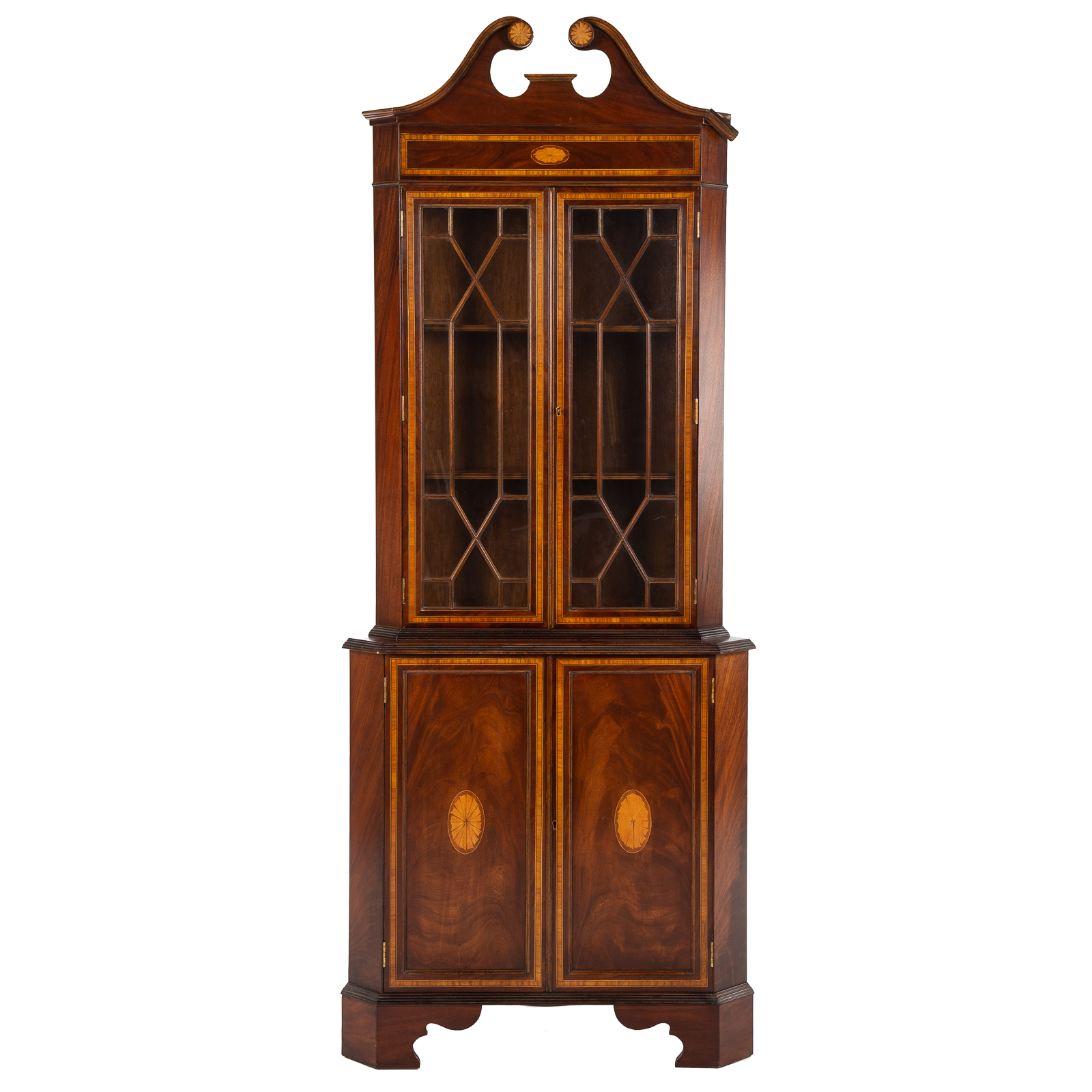 Appraisal: GEORGIAN STYLE INLAID MAHOGANY CORNER CABINET th century one piece