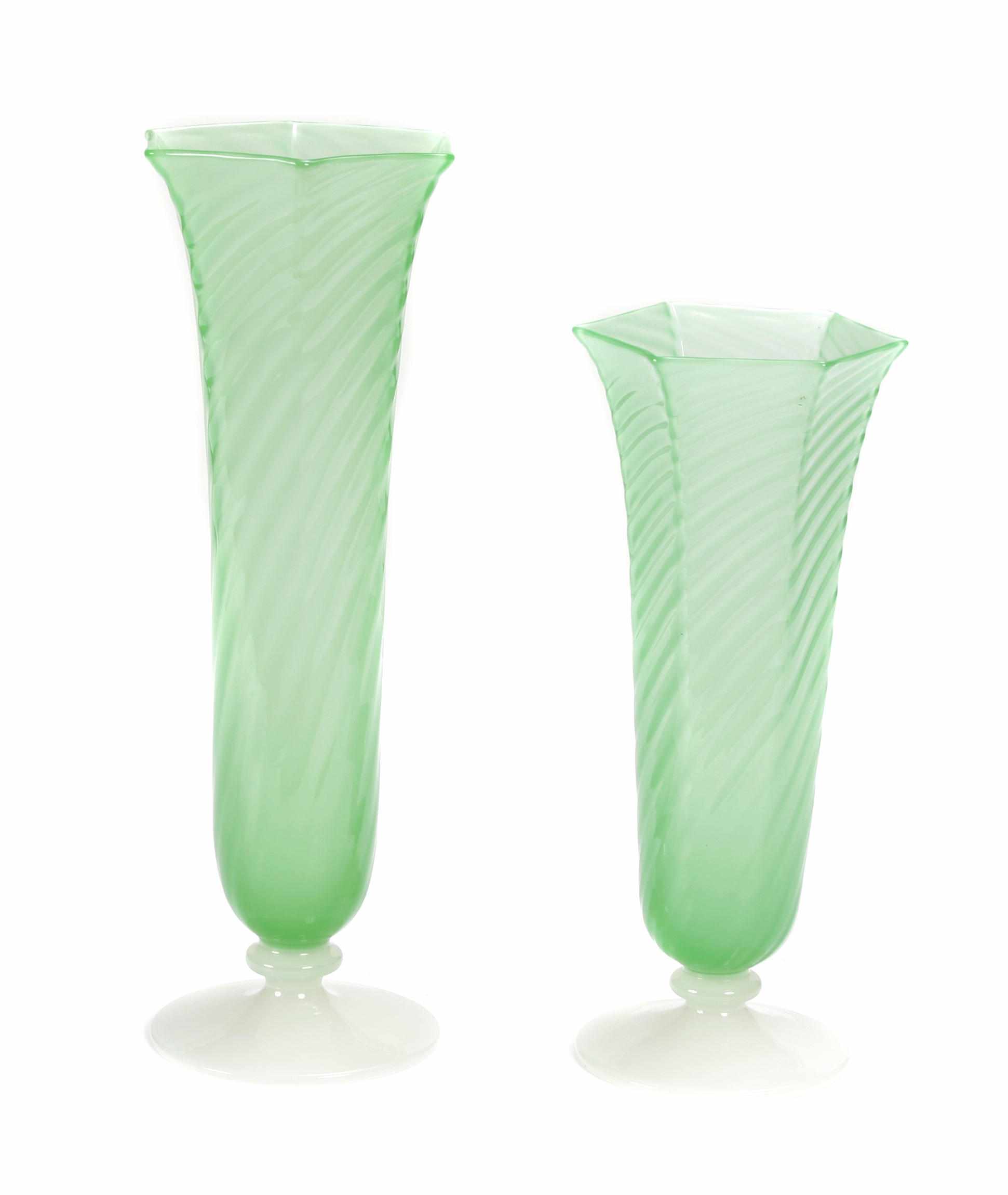 Appraisal: Two Steuben optical ribbed jade green and alabaster glass vases