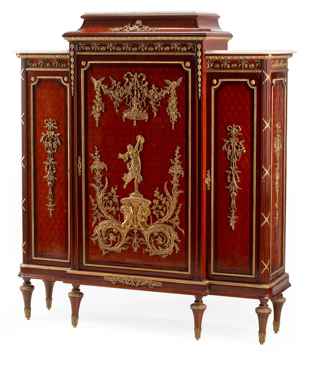 Appraisal: Large Louis XVI-Style Bronze-Mounted Mahogany and Parquetry Cabinet breakfront form