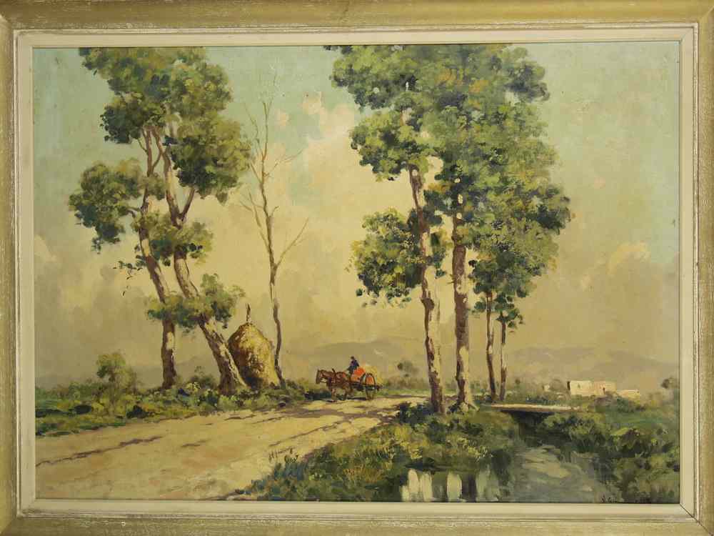 Appraisal: OOC - Italian landscape with farm cart on road signed